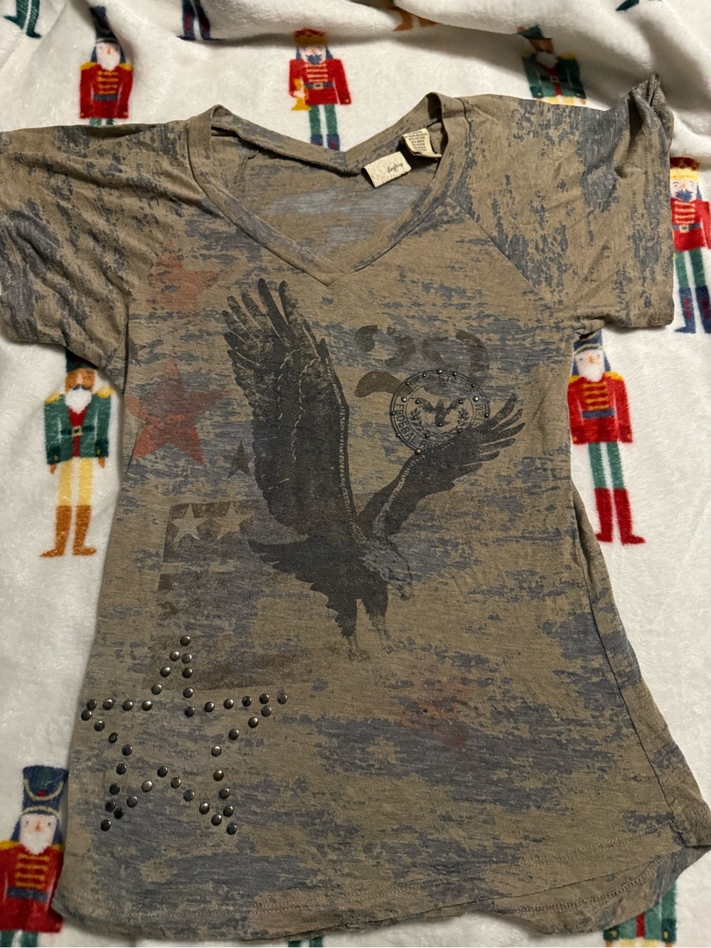 Daytrip Olive Green V-Neck Eagle Graphic Tee with Studded Star